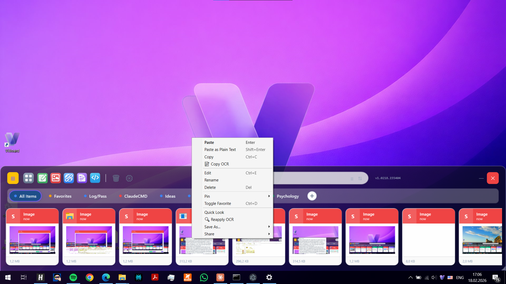 Card context menu